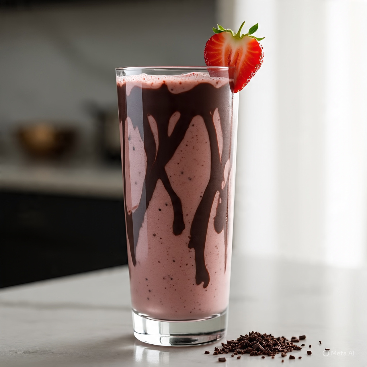 Smoothie de morango e chocolate em um copo, receita rápida para mais energia e foco.