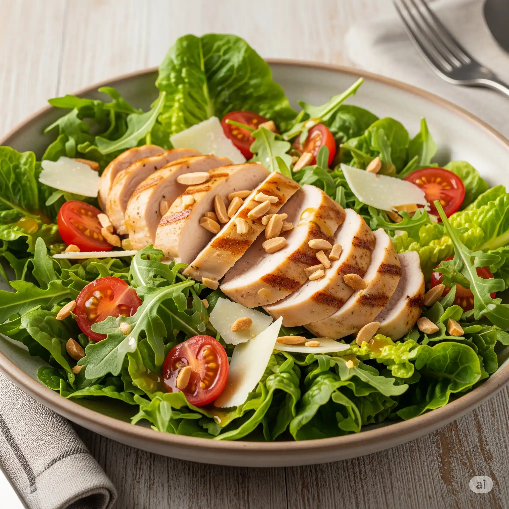 Salada de frango turbinada, uma refeição completa com folhas verdes, frango grelhado, nozes e parmesão.